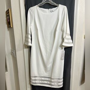 NWT Calvin Klein White illusion trim 3/4 bell Sleeve midi sheath Dress size 16w